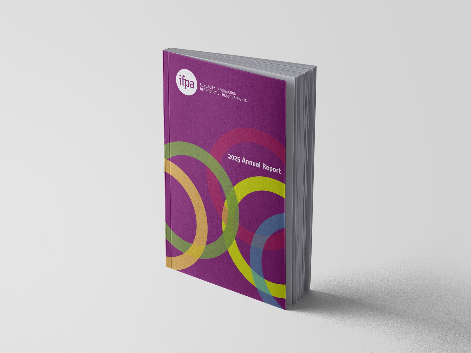 Annual report cover with a terracotta geometric accent